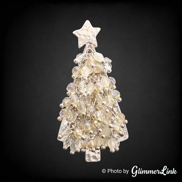 Vintage White & AB Beaded Cha Cha Style Christmas Tree Silver Tone Brooch Pin - Picture 2 of 7